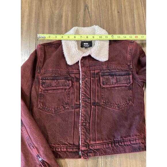 Hudson Faux Shearling shrunken Lola Trucker Jacket  burgandy cotton denim XS - Picture 8 of 9
